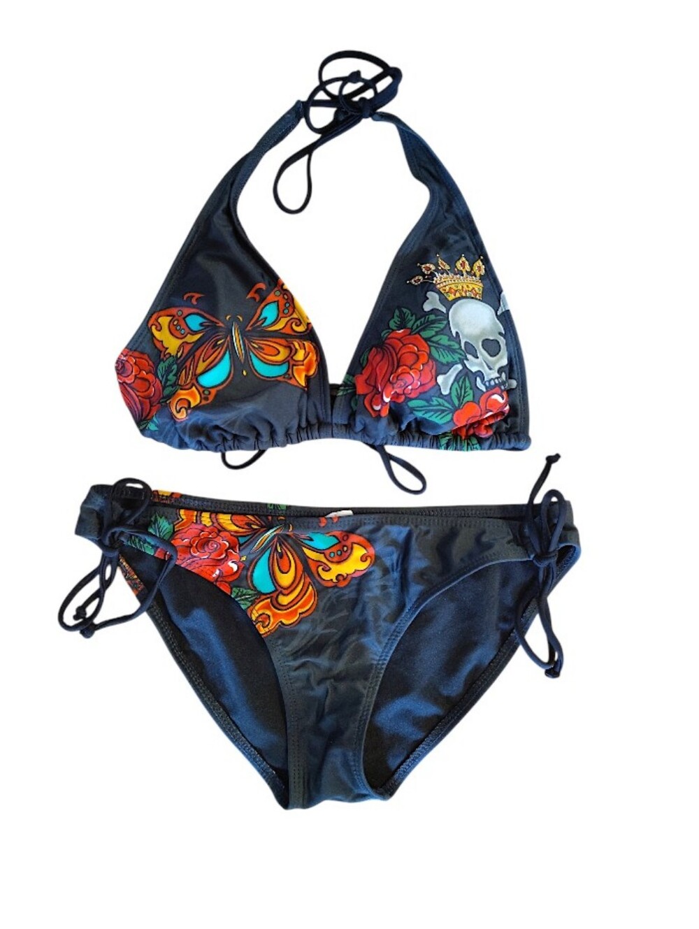 Y2K 00s Black Colorful Skull Tattoo Graphic Low Waist Bikini Swimsuit L | M Goth